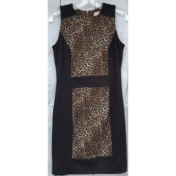 Michael Kors Womens Size 2 Gold Zip Back Sleeveless Cheetah & Black Sheath Dress - Picture 2 of 12